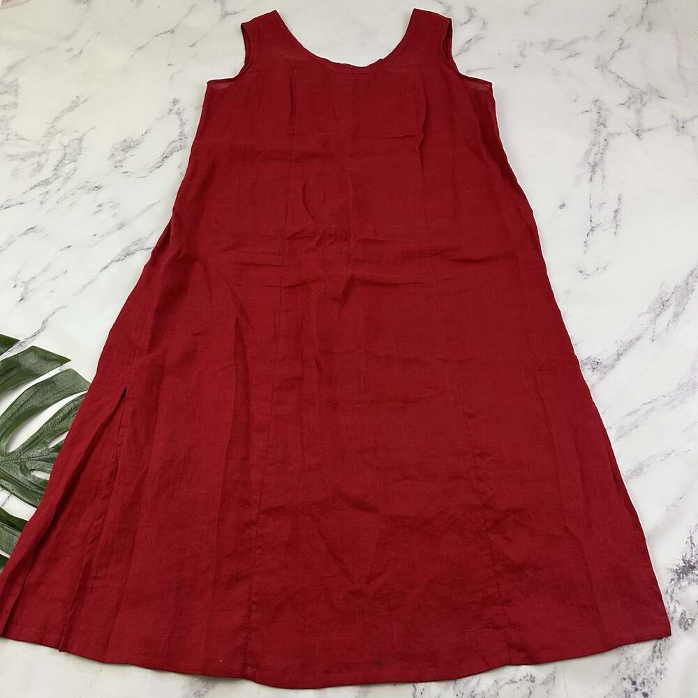 Flax Womens Linen Midi Dress Plus Size 1G 1x Red Sleeveless A-Line Solid